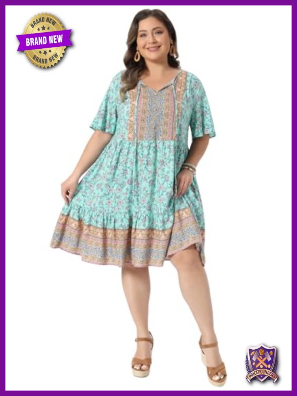 Plus Size Boho Floral Midi Dress Tie Crew Neck Short Sleeve Flowy Beach Sundress - Picture 2 of 5